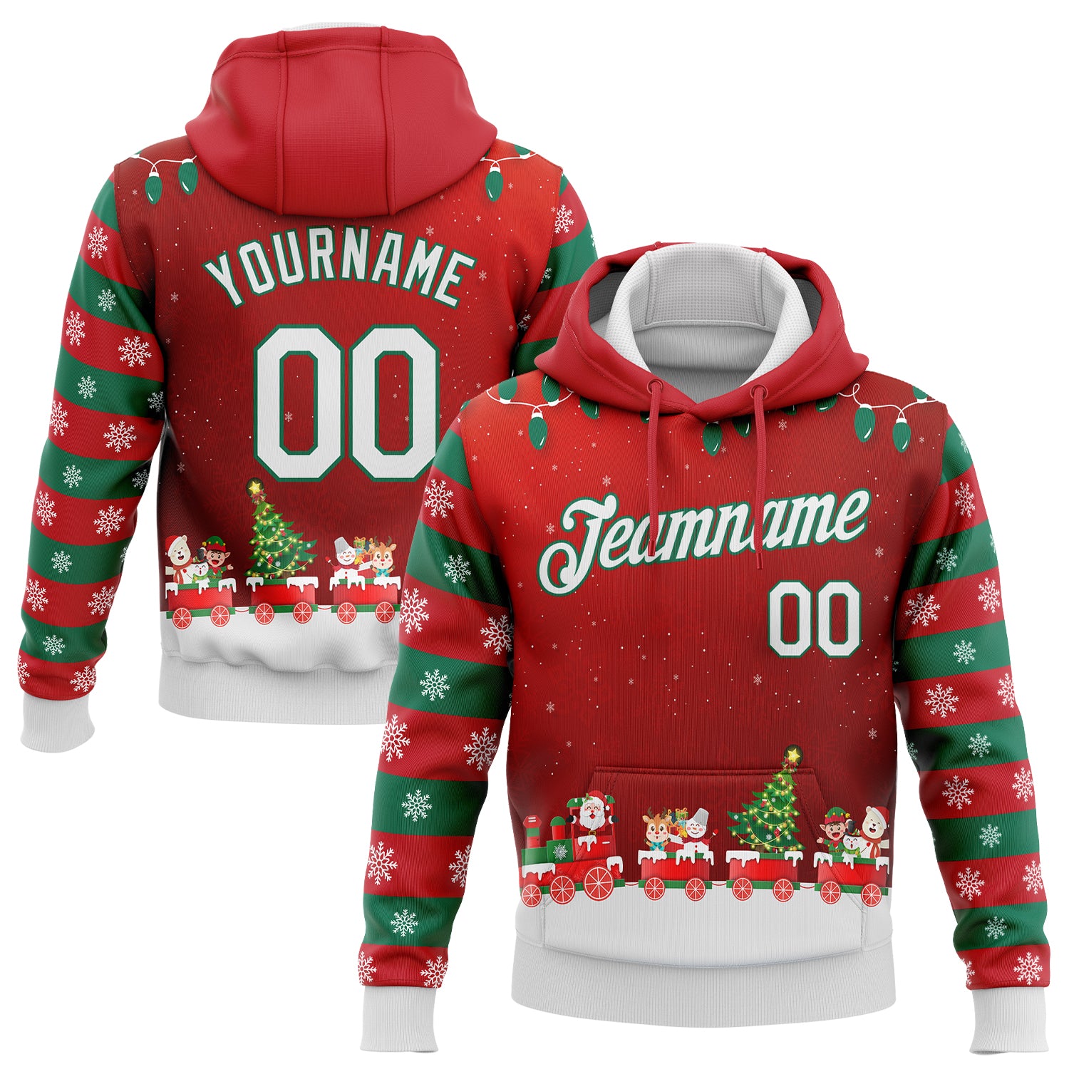3D Christmas Sports Hoodie Custom Stitched Red White Kelly Green Pullover Sweatshirt Custom Stitched Red White-Kelly Green