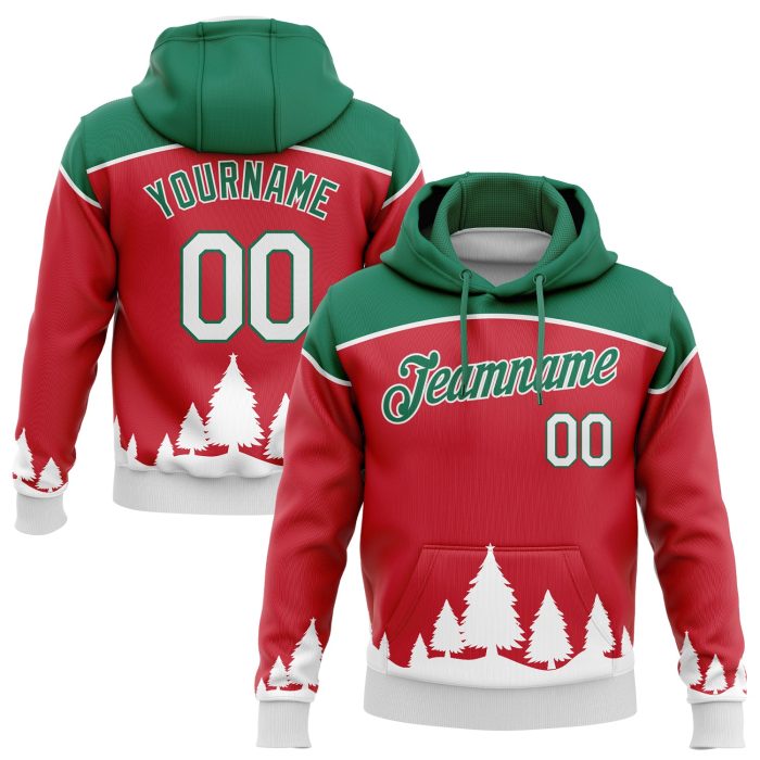 3D Christmas Trees Sports Hoodie Custom Stitched Red White Kelly Green Pullover Sweatshirt Custom Stitched Red White-Kelly - Image 1