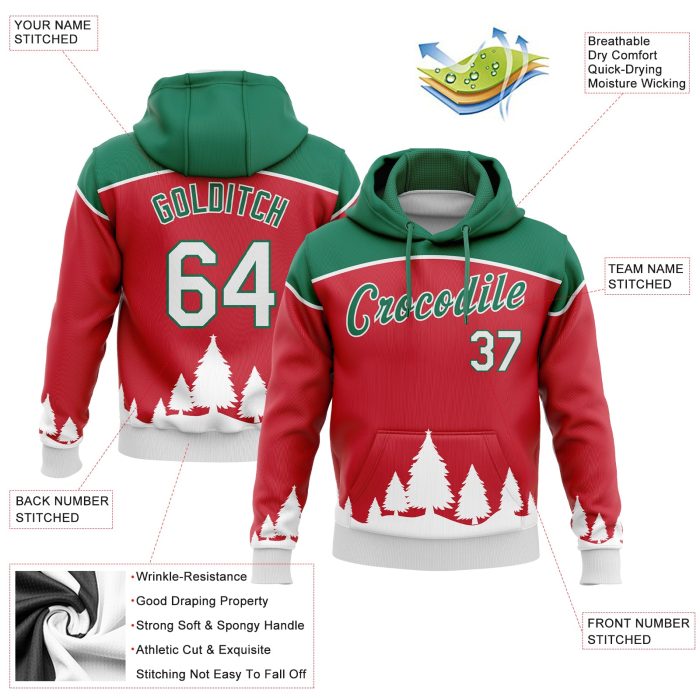 3D Christmas Trees Sports Hoodie Custom Stitched Red White Kelly Green Pullover Sweatshirt Custom Stitched Red White-Kelly - Image 2