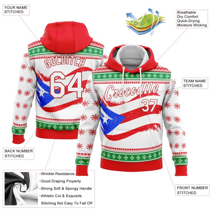 Puerto Rican Flag Hoodie - Custom Stitched 3D Red White-Kelly Green Sports Pullover Sweatshirt Custom Stitched Red White-Kelly - Image 2
