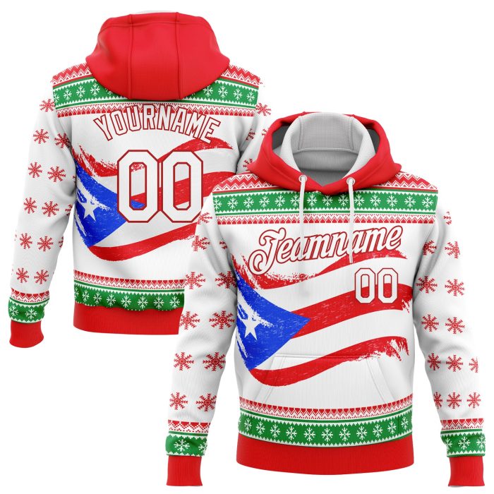Puerto Rican Flag Hoodie - Custom Stitched 3D Red White-Kelly Green Sports Pullover Sweatshirt Custom Stitched Red White-Kelly - Image 1