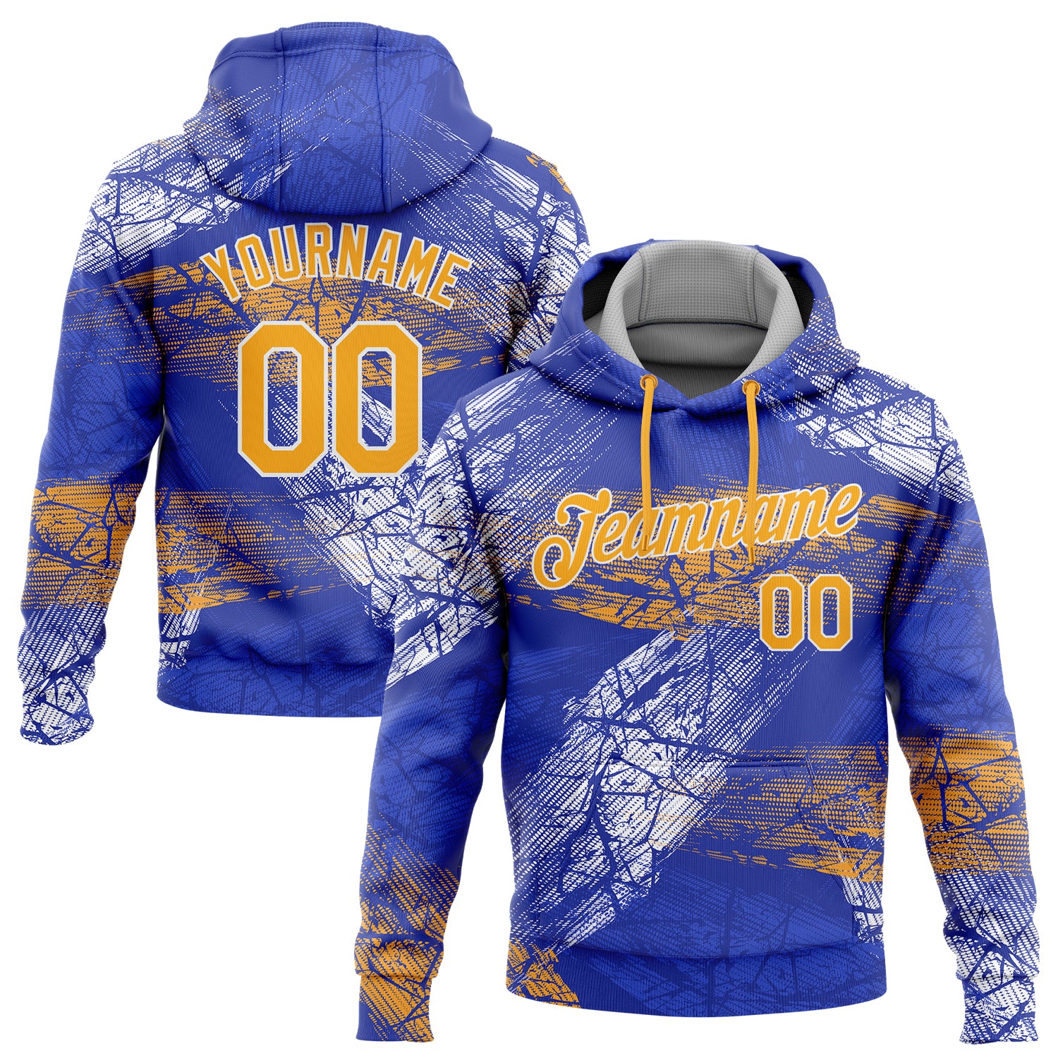 Royal Gold-White 3D Pattern Hoodie Custom Stitched Sports Pullover Sweatshirt Custom Stitched Royal Gold-White 3D Pattern