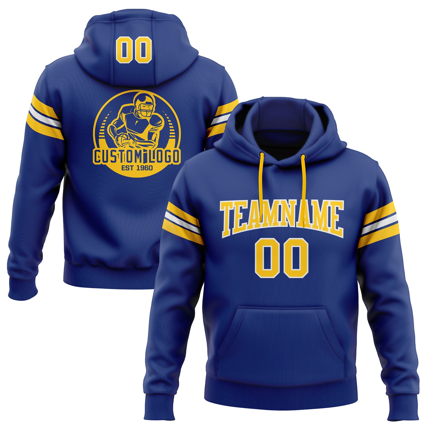 Royal Gold-White Custom Football Hoodie Sweatshirt - Stitched Pullover Apparel Custom Stitched Royal Gold-White Football