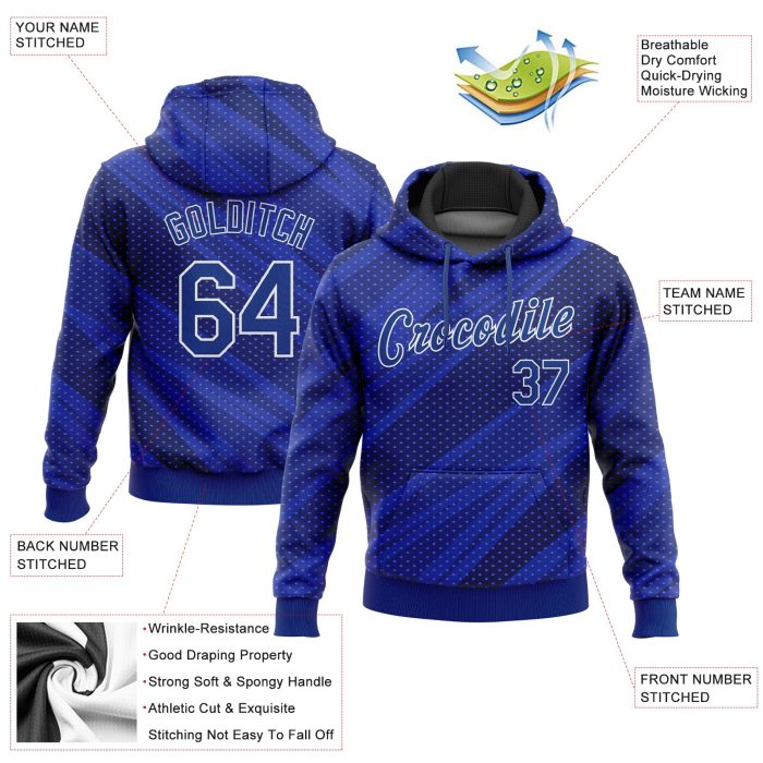 Royal Navy-White 3D Pattern Sports Hoodie Pullover Sweatshirt Custom Stitched Style 8433 Custom Stitched Royal Roayl Navy-White - Image 2