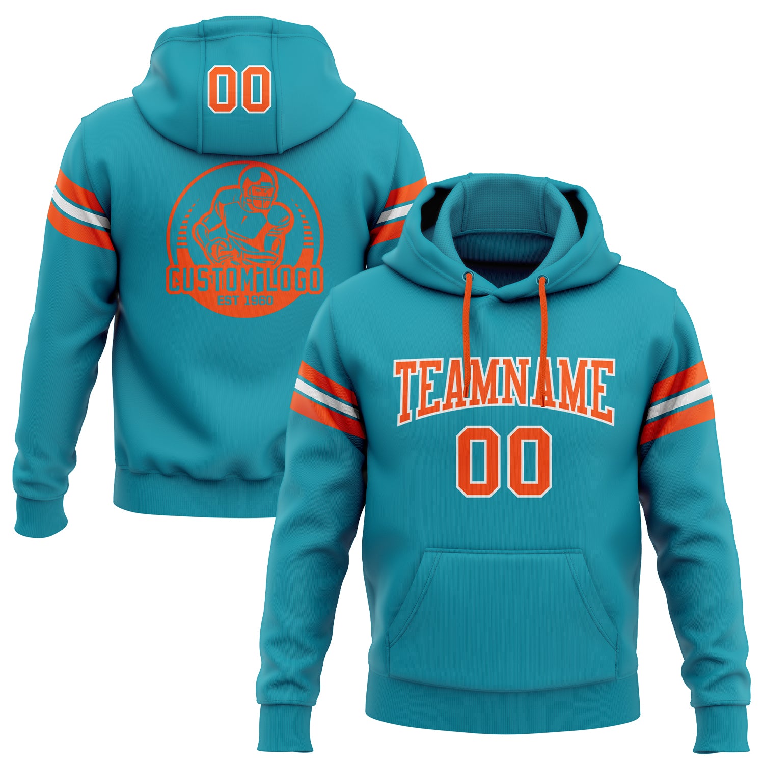 Teal Orange White Football Hoodie Custom Stitched Pullover Sweatshirt Custom Stitched Teal Orange-White Football Pullover