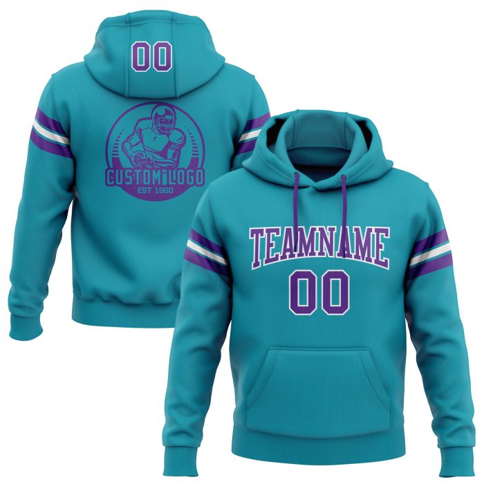 Teal Purple White Custom Stitched Hoodie Sweatshirt Pullover for Football Custom Stitched Teal Purple-White Football Pullover - Image 1