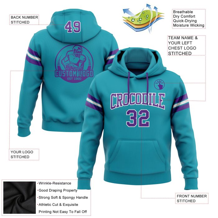 Teal Purple White Custom Stitched Hoodie Sweatshirt Pullover for Football Custom Stitched Teal Purple-White Football Pullover - Image 2