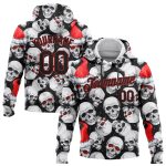 Custom Stitched 3D Skulls Christmas Santa Hat Hoodie, Pullover Sweatshirt in White Red Black Custom Stitched White Black-Red