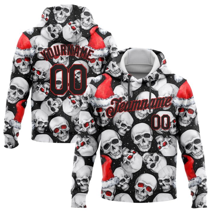 Custom Stitched 3D Skulls Christmas Santa Hat Hoodie, Pullover Sweatshirt in White Red Black Custom Stitched White Black-Red - Image 1
