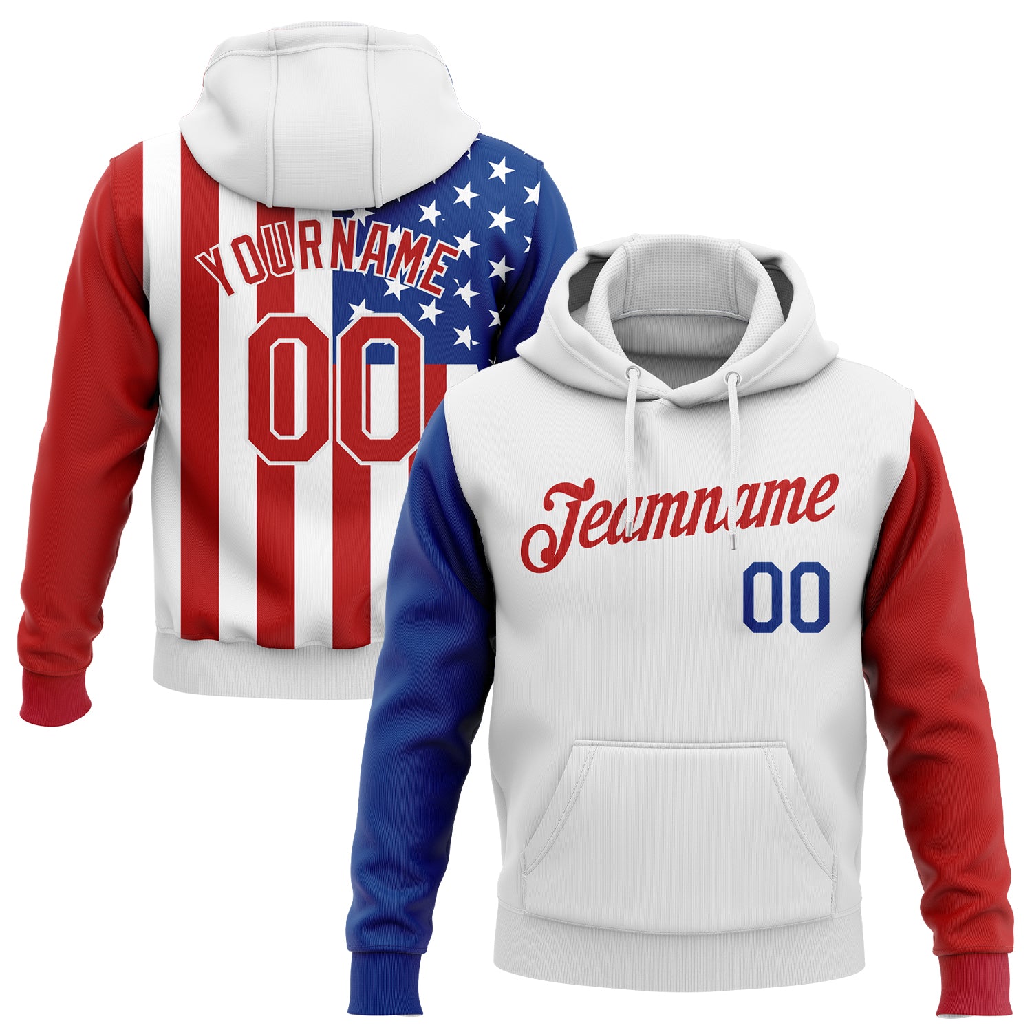 Custom Stitched 3D American Flag Pullover Hoodie Sweatshirt - White Red-Royal Style 9369 Custom Stitched White Red-Royal