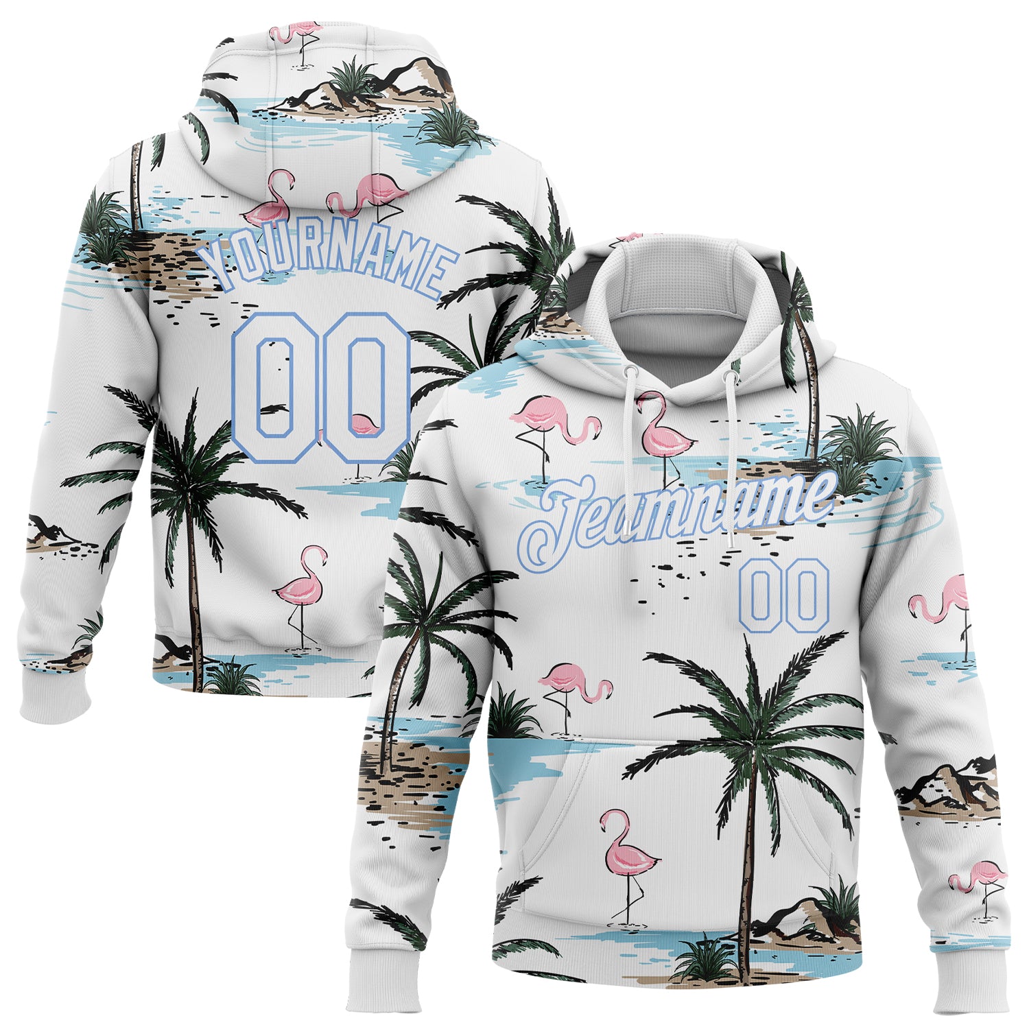 Custom Stitched Hawaii Palm Trees 3D Pattern Sweatshirt Hoodie in White Light Blue Custom Stitched White White-Light Blue