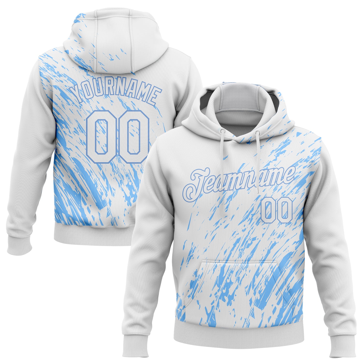 Custom Stitched 3D Pattern Sweatshirt Hoodie in White and Light Blue - Sports Pullover Custom Stitched White White-Light