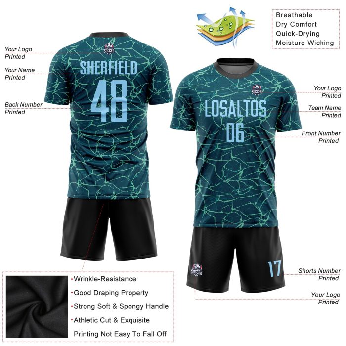 Custom Teal Light Blue Black Soccer Jersey Sublimation Uniform for Men and Women Custom Teal Light Blue-Black Sublimation - Image 3