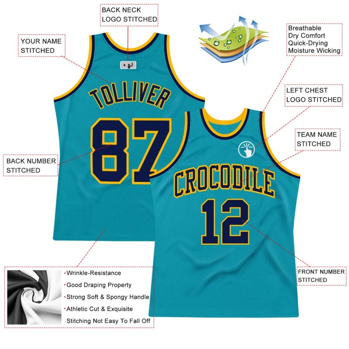 Teal Navy Gold Custom Basketball Jersey | Authentic Throwback Style Custom Teal Navy-Gold Authentic Throwback Basketball - Image 2