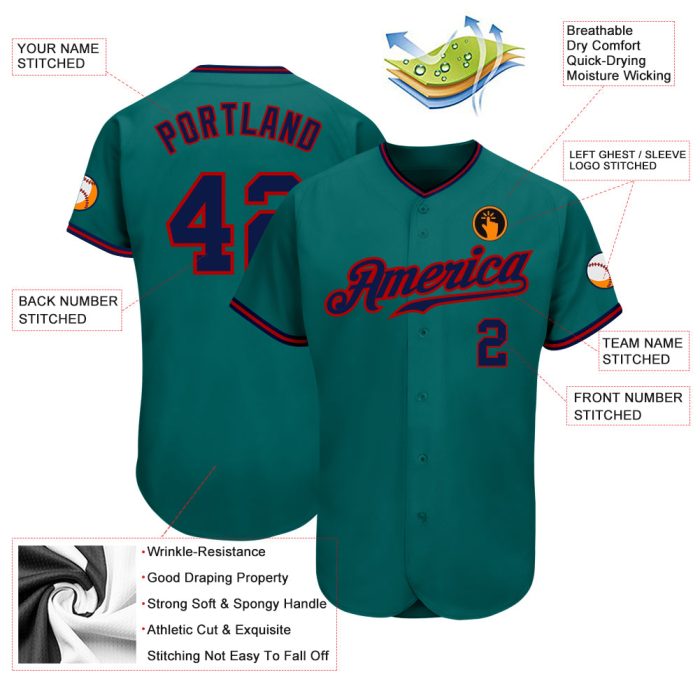 Custom Teal and Navy Red Authentic Baseball Jersey for Men and Women Custom Teal Navy-Red Authentic Baseball Jersey - Image 3
