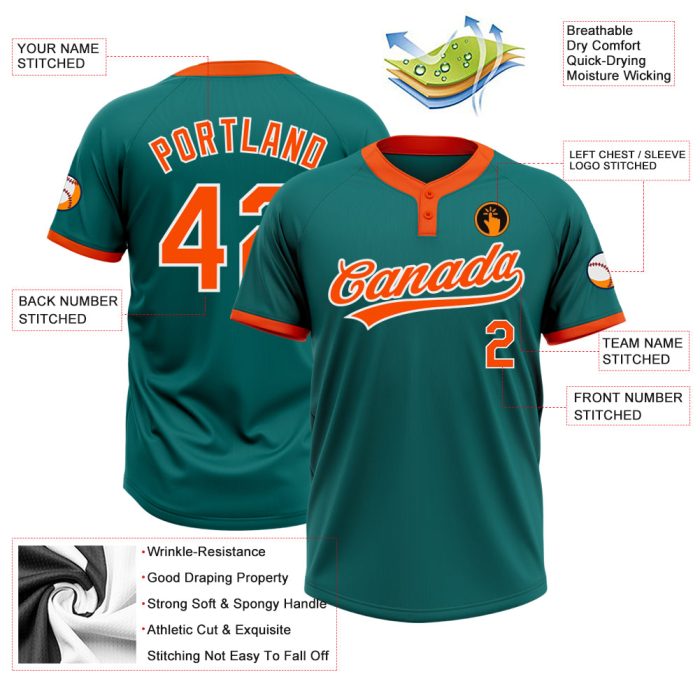 Custom Teal Orange White Softball Jersey for Men and Women - Two-Button Unisex Sportswear Custom Teal Orange-White Two-Button - Image 3