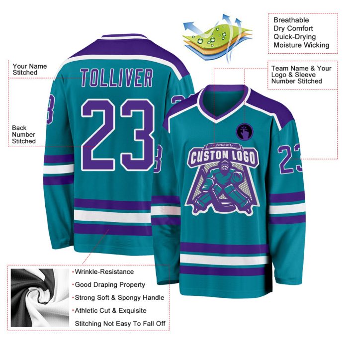 Teal and Purple White Hockey Jersey - Customizable Team Apparel Custom Teal Purple-White Hockey Jersey - Image 3