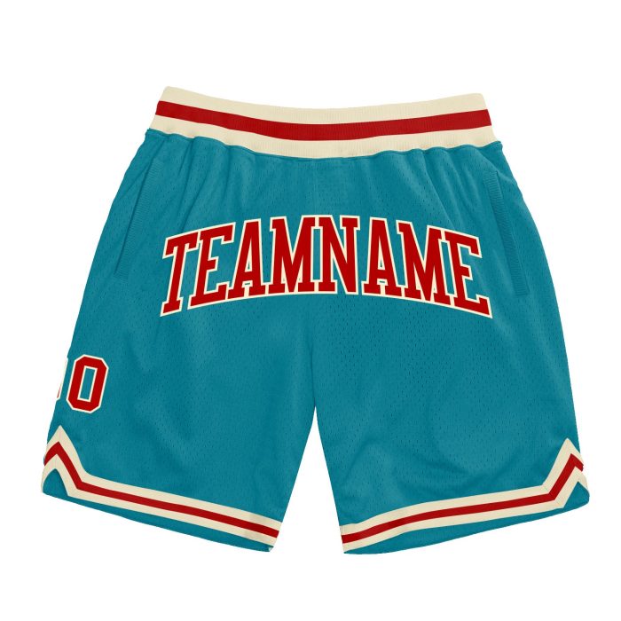 Custom Teal Red Cream Basketball Shorts - Authentic Throwback Style Custom Teal Red-Cream Authentic Throwback Basketball - Image 1