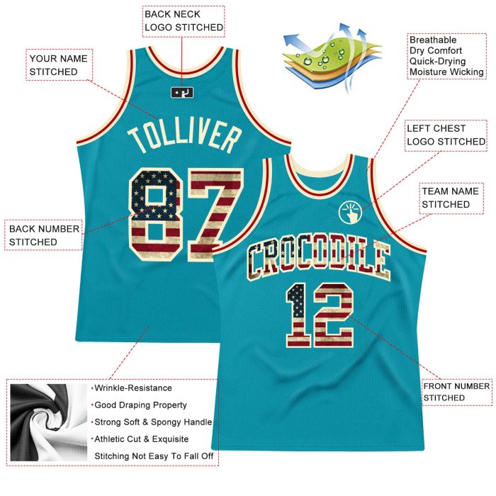 Teal Vintage USA Flag Authentic Basketball Jersey Cream Throwback Design Custom Teal Vintage USA Flag-Cream Authentic Throwback - Image 2