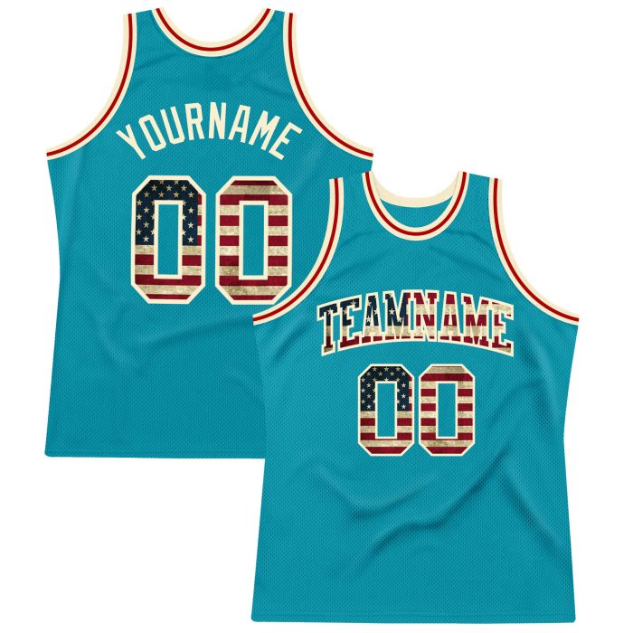 Teal Vintage USA Flag Authentic Basketball Jersey Cream Throwback Design Custom Teal Vintage USA Flag-Cream Authentic Throwback - Image 1