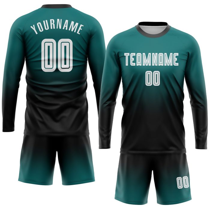 Custom Teal Black White Fade Soccer Jersey Long Sleeve Fashion Uniform Custom Teal White-Black Sublimation Long Sleeve Fade - Image 2