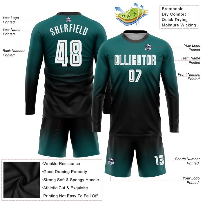 Custom Teal Black White Fade Soccer Jersey Long Sleeve Fashion Uniform Custom Teal White-Black Sublimation Long Sleeve Fade - Image 3