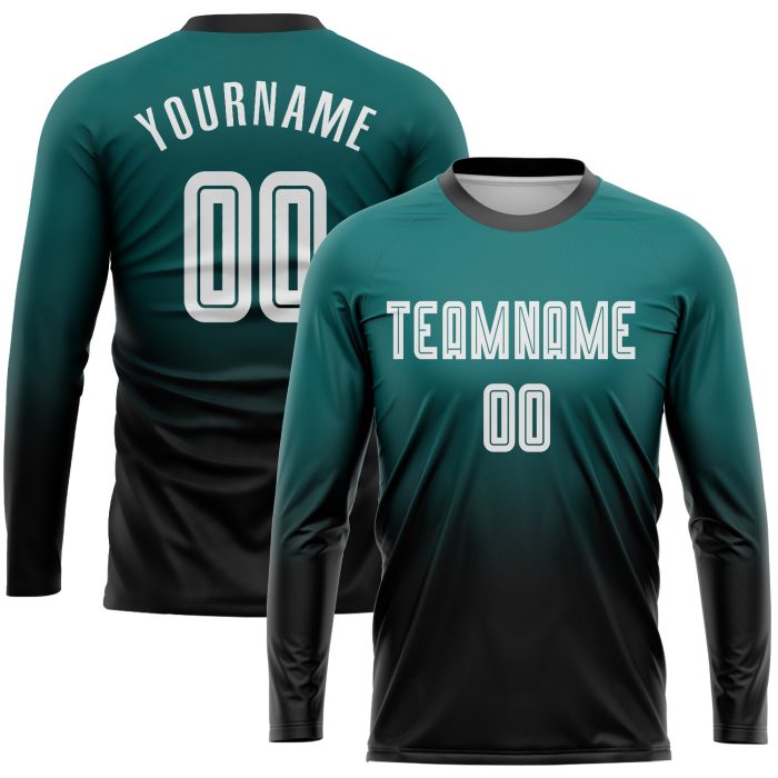 Custom Teal Black White Fade Soccer Jersey Long Sleeve Fashion Uniform Custom Teal White-Black Sublimation Long Sleeve Fade - Image 1