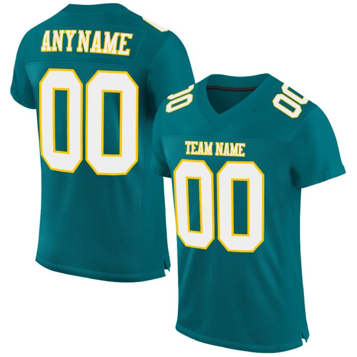 Custom Teal White Gold Mesh Football Jersey - Authentic Team Apparel Custom Teal White-Gold Mesh Authentic Football Jersey - Image 1