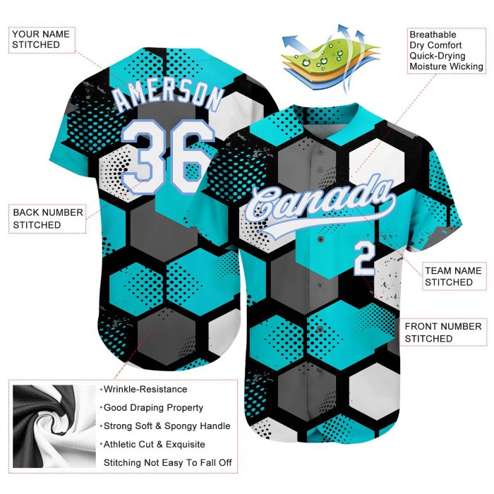 Teal White Light Blue 3D Pattern Design Baseball Jersey - Custom Authentic Style Custom Teal White-Light Blue 3D Pattern - Image 3
