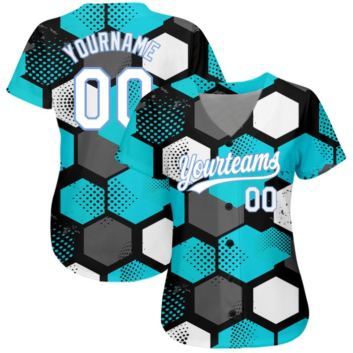 Teal White Light Blue 3D Pattern Design Baseball Jersey - Custom Authentic Style Custom Teal White-Light Blue 3D Pattern - Image 2