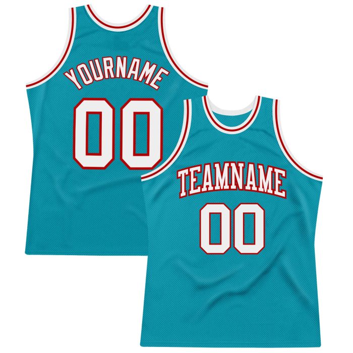 Custom Teal White Red Basketball Jersey Authentic Throwback Design Custom Teal White-Red Authentic Throwback Basketball Jersey - Image 1