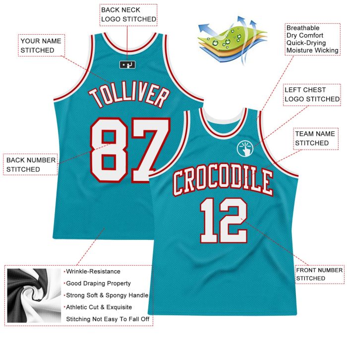 Custom Teal White Red Basketball Jersey Authentic Throwback Design Custom Teal White-Red Authentic Throwback Basketball Jersey - Image 2