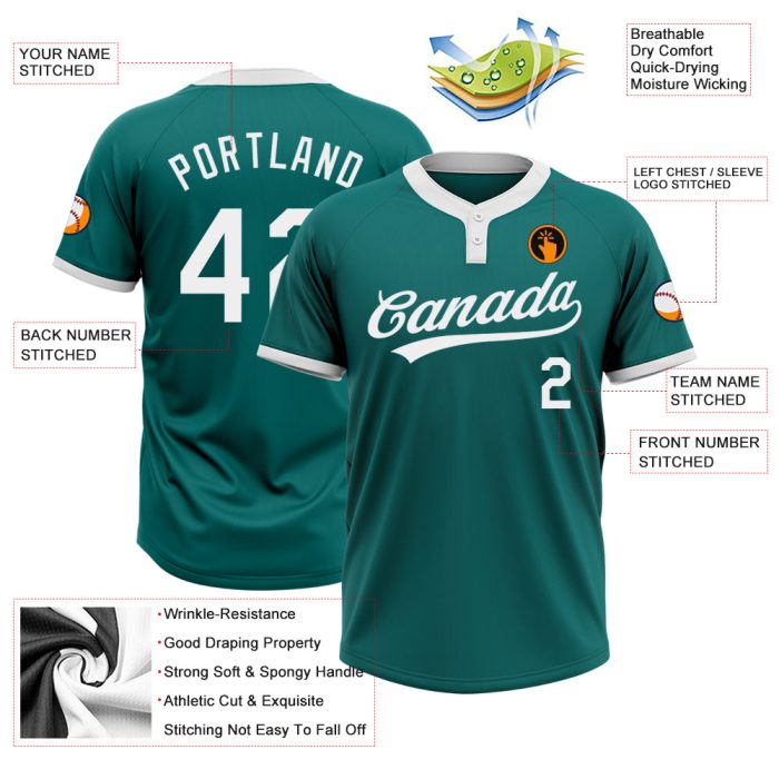Custom Teal White Softball Jersey Unisex Two-Button Design for Players Custom Teal White Two-Button Unisex Softball Jersey - Image 3