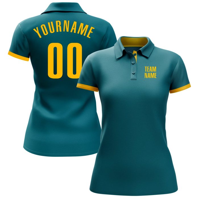 Teal Yellow Custom Performance Golf Polo Shirt for Men and Women Custom Teal Yellow Performance Golf Polo Shirt - Image 2