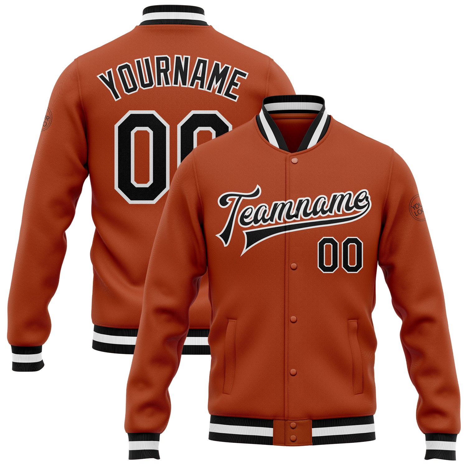 Texas Orange Black White Varsity Letterman Bomber Jacket Full-Snap Custom Custom Texas Orange Black-White Bomber Full-Snap