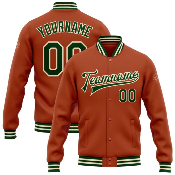 Texas Orange Green Cream Varsity Letterman Bomber Full-Snap Jacket - Custom Design Custom Texas Orange Green-Cream Bomber - Image 1
