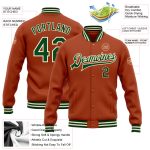 Texas Orange Green Cream Varsity Letterman Bomber Full-Snap Jacket - Custom Design Custom Texas Orange Green-Cream Bomber - Image 3