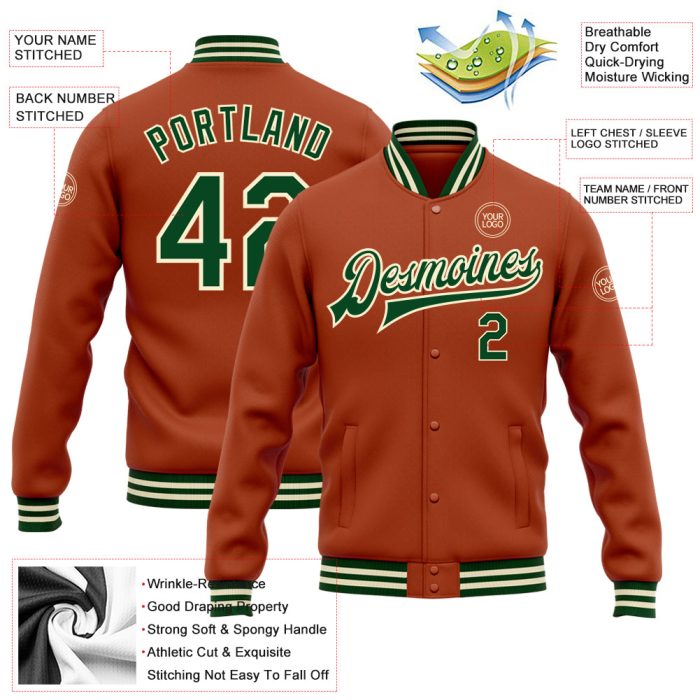 Texas Orange Green Cream Varsity Letterman Bomber Full-Snap Jacket - Custom Design Custom Texas Orange Green-Cream Bomber - Image 3