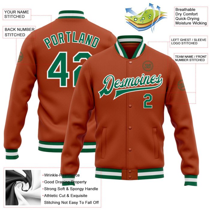 Custom Texas Orange Green White Bomber Varsity Letterman Jacket - Full-Snap Design Custom Texas Orange Kelly Green-White - Image 3