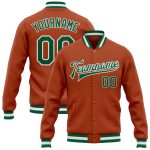 Custom Texas Orange Green White Bomber Varsity Letterman Jacket - Full-Snap Design Custom Texas Orange Kelly Green-White