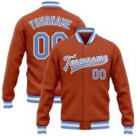 Custom Texas Orange Blue White Bomber Varsity Letterman Jacket Full-Snap Custom Texas Orange Light Blue-White Bomber Full-Snap