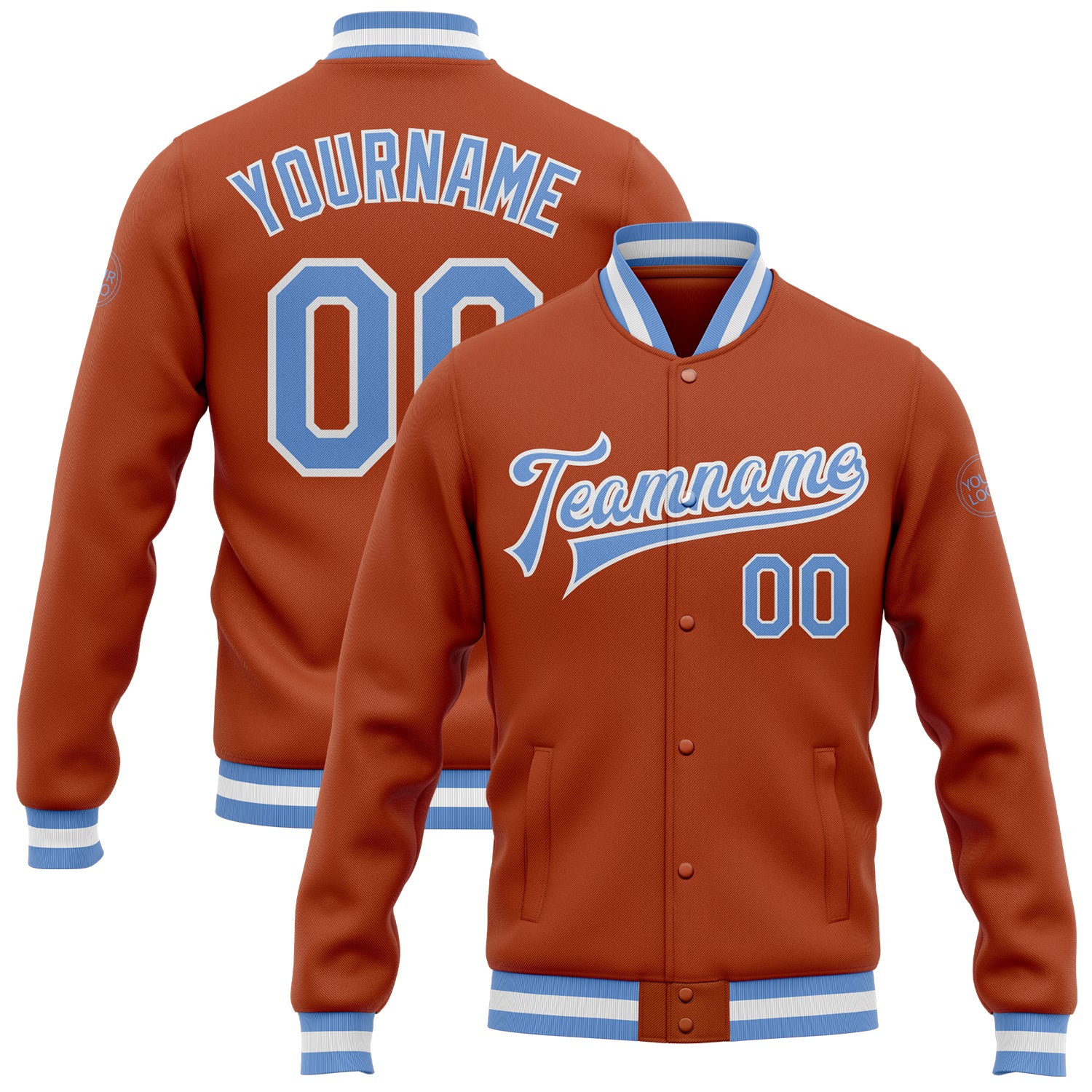 Custom Texas Orange Blue White Bomber Varsity Letterman Jacket Full-Snap Custom Texas Orange Light Blue-White Bomber Full-Snap