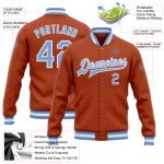 Custom Texas Orange Blue White Bomber Varsity Letterman Jacket Full-Snap Custom Texas Orange Light Blue-White Bomber Full-Snap - Image 3