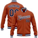 Custom Texas Navy and Orange Bomber Jacket - White Full-Snap Varsity Letterman Style Custom Texas Orange Navy-White Bomber
