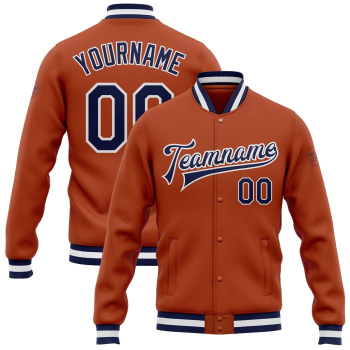 Custom Texas Navy and Orange Bomber Jacket - White Full-Snap Varsity Letterman Style Custom Texas Orange Navy-White Bomber - Image 1