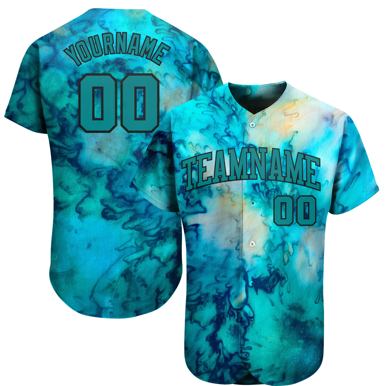 Aqua-Black 3D Tie Dye Baseball Jersey - Custom Designs Available Custom Tie Dye Aqua-Black 3D Authentic Baseball Jersey