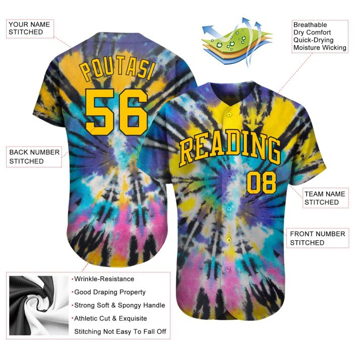 Custom Tie Dye 3D Baseball Jersey - Authentic Gold-Black Design Custom Tie Dye Gold-Black 3D Authentic Baseball Jersey - Image 3