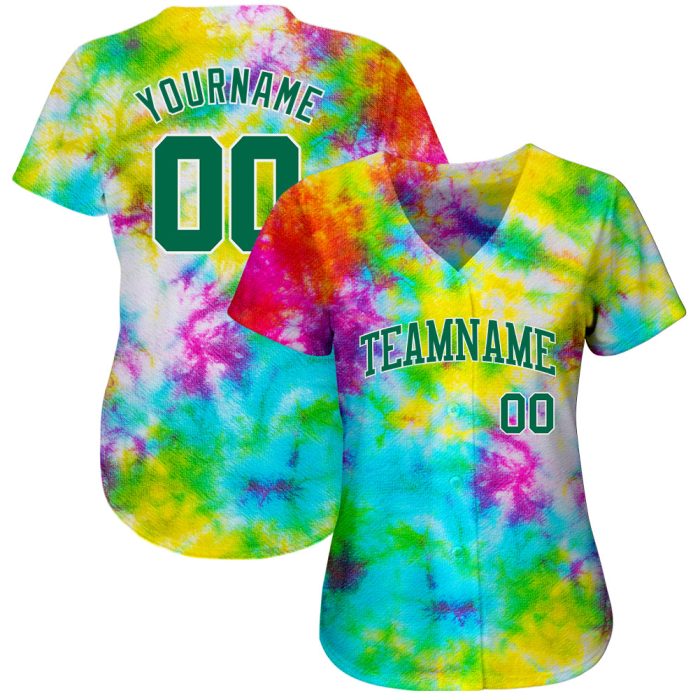 Custom Tie Dye Baseball Jersey Kelly Green-White 3D Authentic Design Custom Tie Dye Kelly Green-White 3D Authentic Baseball - Image 2