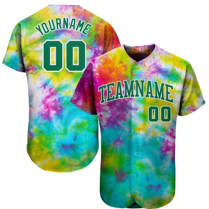 Custom Tie Dye Baseball Jersey Kelly Green-White 3D Authentic Design Custom Tie Dye Kelly Green-White 3D Authentic Baseball - Image 1