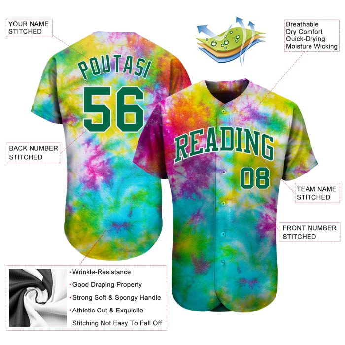 Custom Tie Dye Baseball Jersey Kelly Green-White 3D Authentic Design Custom Tie Dye Kelly Green-White 3D Authentic Baseball - Image 3